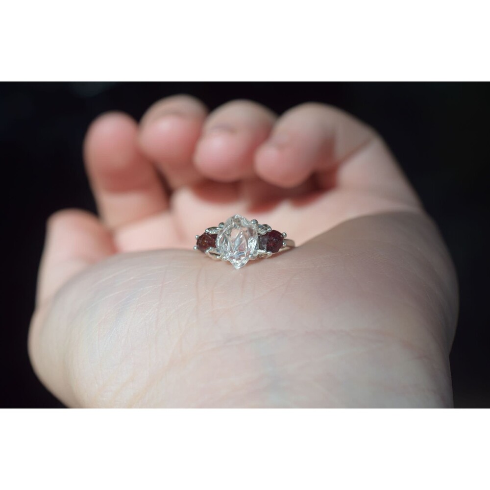 Raw Garnet and Diamond Engagement Ring, Rough Diamond Wedding Band, Unique Sterl